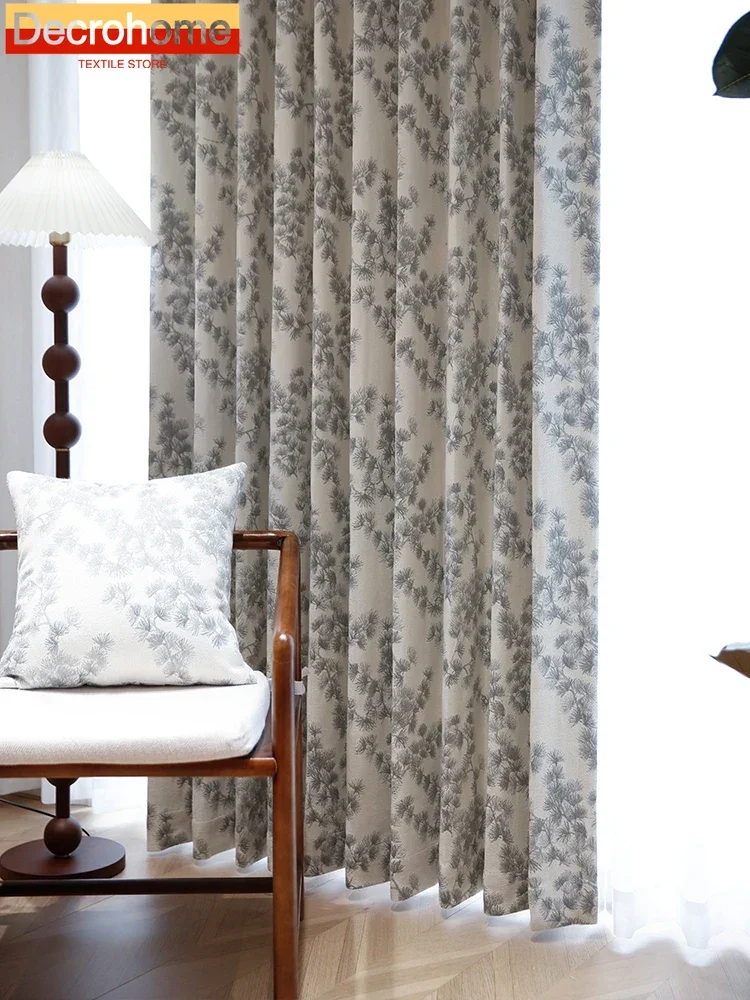 Pine Leaf Forest Jacquard Thickened White Curtains for Living Room Bedroom French Window Balcony Window Custom Finished Product