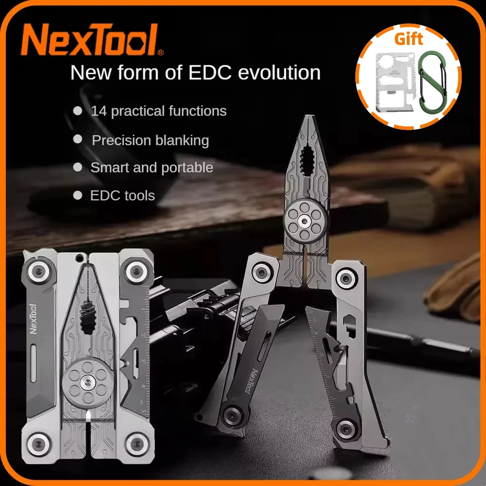 Nextool 14-in-1 Silber-Klingen-EDC-Werkzeug, tragbare Multifunktionszange, Multitool, Schraubendreher, Schraubenschlüssel, Zange, Messer mit Ledertasche