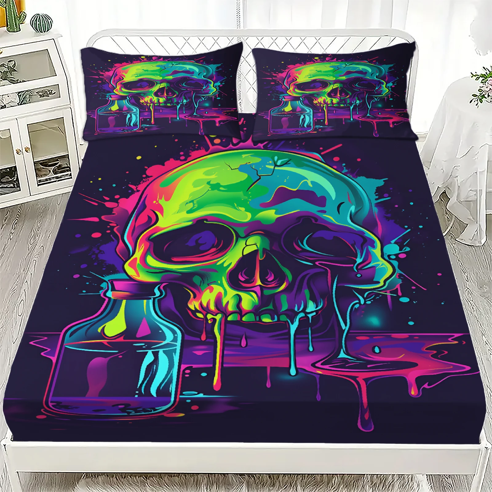 3pcs Fitted Sheet Set Skull 3D Printed Colorful Drip Paint Breathable Easy Care Bed Sheet With Pillowcases For Bedroom Decor