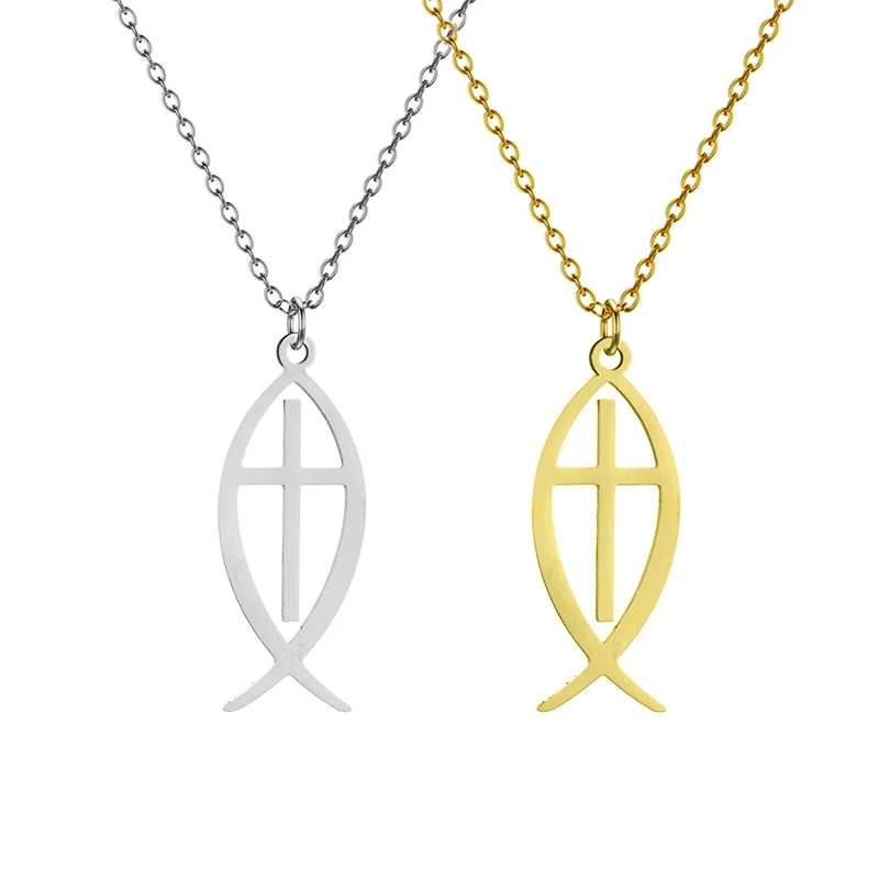 14K vergoldete Jesus Fisch Kreuz Halskette Edelstahl Ichthys Halskette für Frauen Christian Faith Schmuck