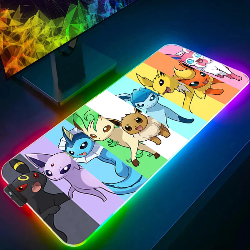 

RGB Desk Mat P-pokemon Eevee Cute Gaming Mouse Pad Charizard Mousepad PC Gamer Desktop Decoration HD Office Mouse Mat Table Rug