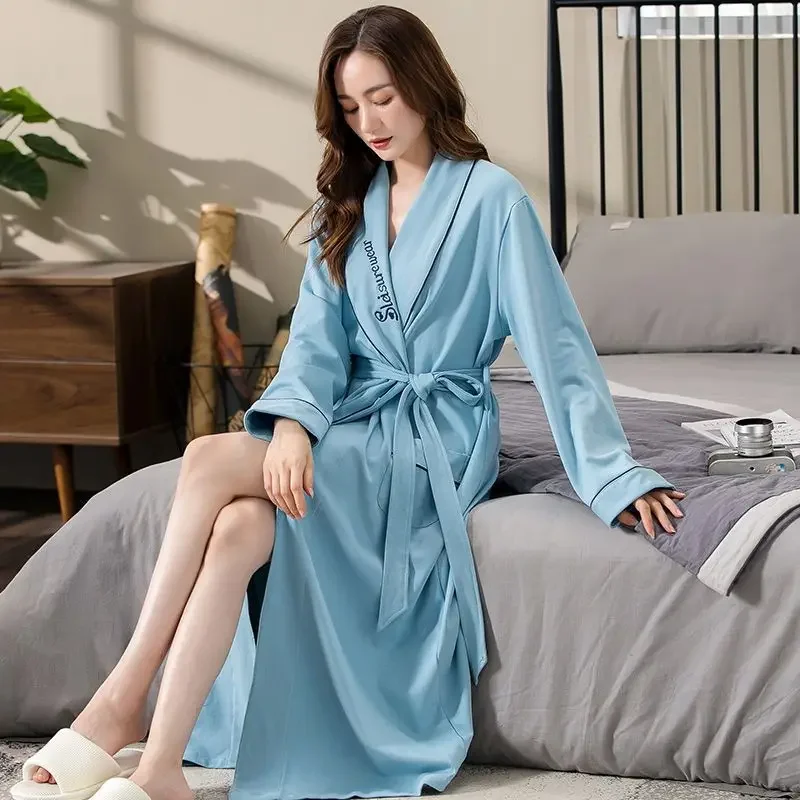 Long Sleeve MIDI Style Casual Relaxed Bathrobe Nightgown Loungewear Sexy Sleepwear Spring Autumn Night Gown Ms. Pure Cotton