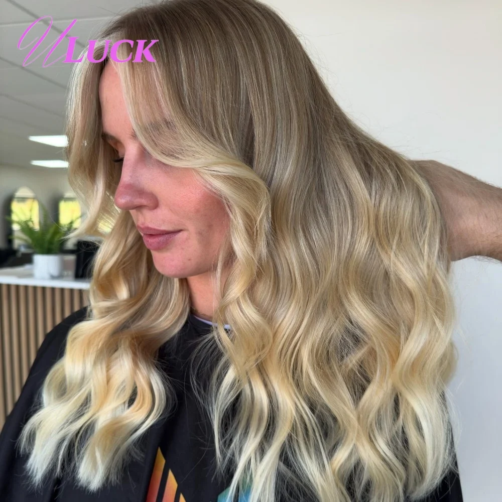 

Uluck 13x6 Lace Frontal Wigs Highlight Ash Blonde Colored 100% Brazilian Remy Human Hair Wigs Body Wave Pre Plucked For Women