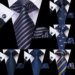Hi-Tie Designer Mens Necktie Navy Blue Striped Dot Silk Wedding Tie For Men Hanky Cufflinks Tie Set Business Party Dropshipping