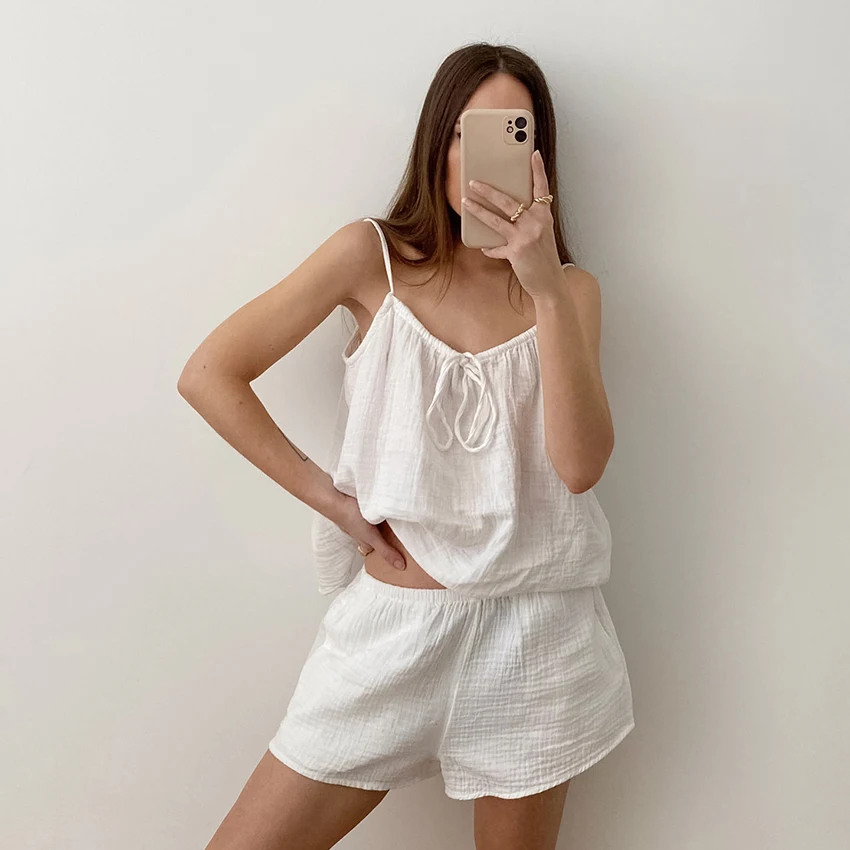 Hiloc Sexy Pure Cotton Shorts Sets Thin White Spaghetti Strap Pajama Sets Sleeveless Woman Solid Color Woven Vest Sleepwear 2025