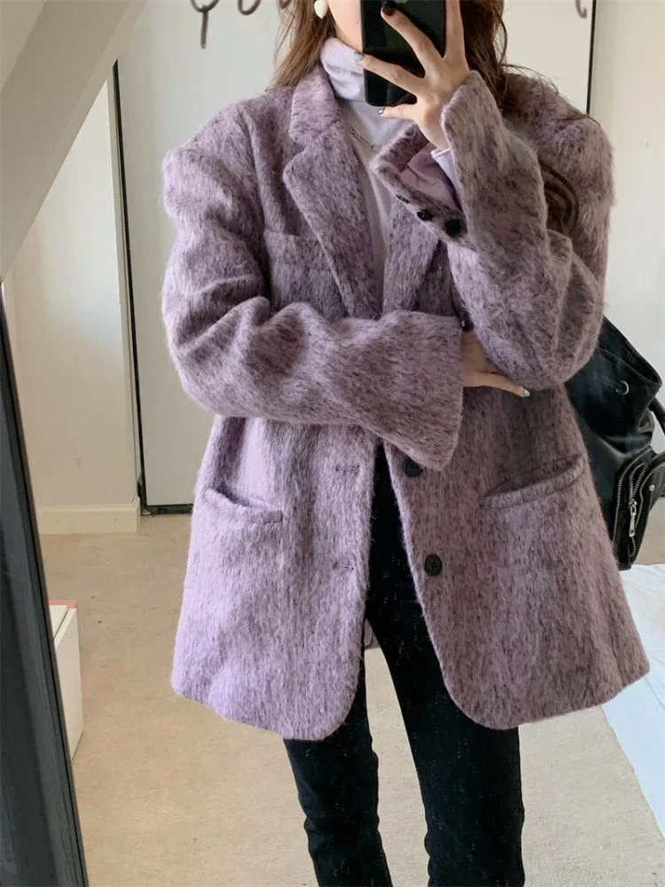 

UNXX New Purple Woolen Suiting Coat Autumn Winter 2024 Warm Women's Casual Woolen Overcoat Jackets Single Breasted Blazers Women