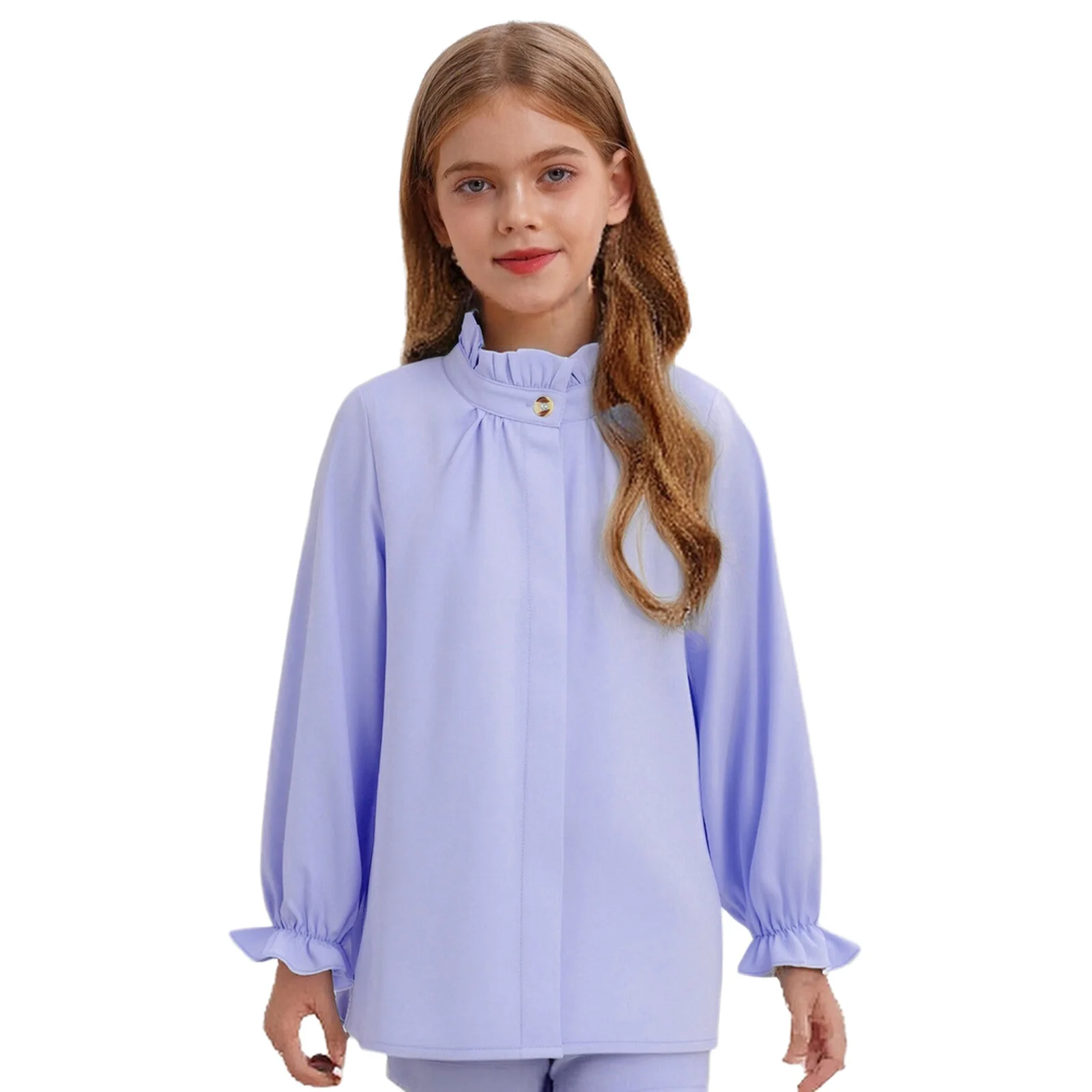 

Kids Girls Shirt Ruffled Collar Cuffs Long Puff Sleeves Button Blouse Top for Birthday Party Wedding School Performance Costume