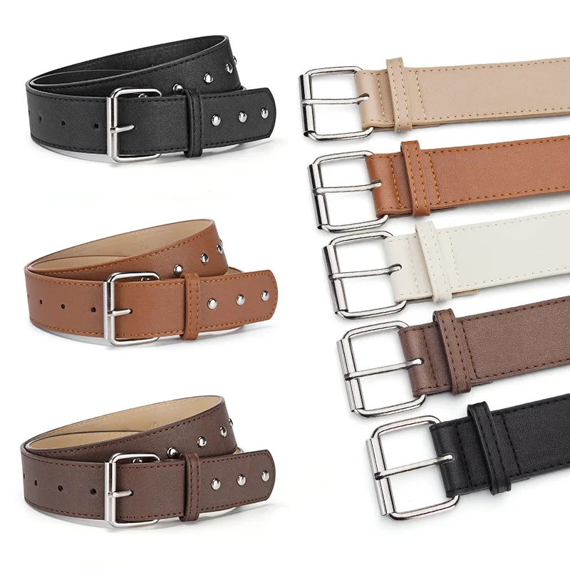 أحزمة الديكور برشام للنساء مشبك معدني بسيط 105 سنتيمتر بلون بولي PU 3.8 سنتيمتر أحزمة واسعة