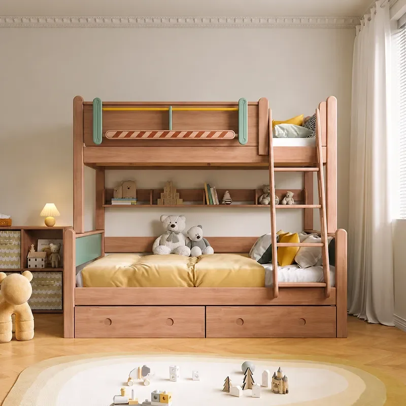 Full Solid Wood Bunk Bed High Low Double Bed Multifunctional Rubber Wood Bedroom Furniture Sturdy Space Saving Design
