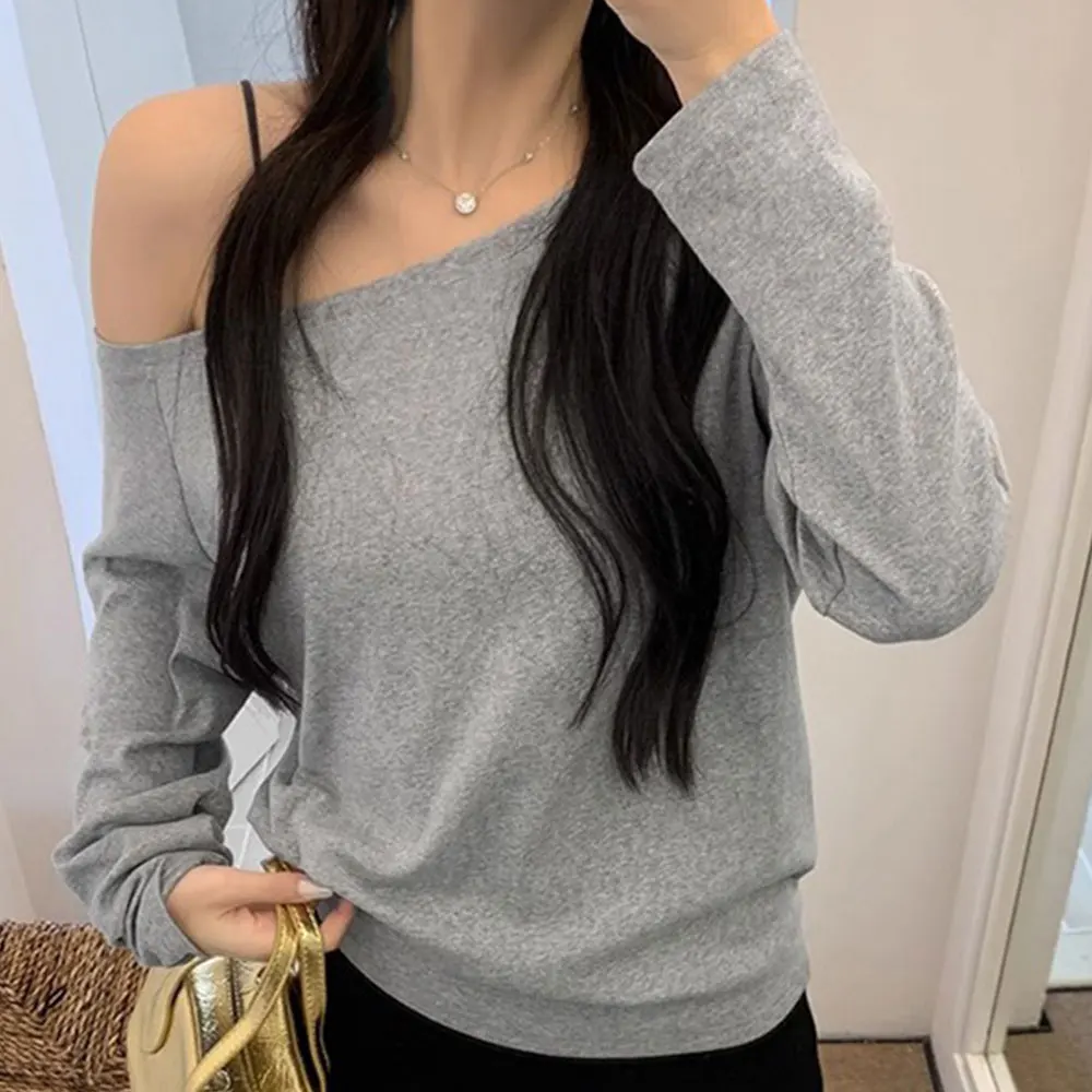 تي شيرت نسائي كاجوال بأكمام طويلة فضفاض بدون أكتاف ومرونة متوسطة مناسبة للإجازات والاستخدام اليومي #2