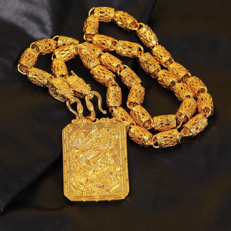 

9999 24K Real Gold Bamboo Necklace Men's Domineering Guan Gonglong Card Gold Chain Extended Thickened Style Hollow Chain