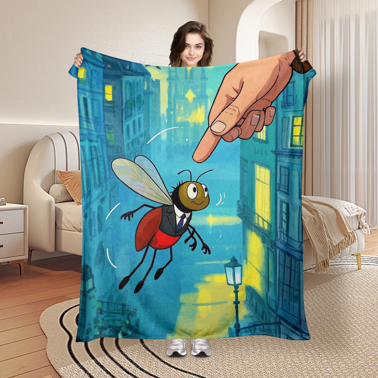 

Urban Fly Design Blanket With Hand Skyscrapers Street Scene And Lights For Contemporary Home Aesthetic