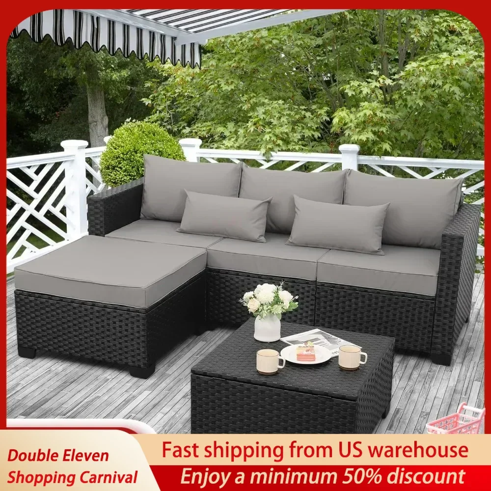 3 Pieces Patio Furniture Set Outdoor Sectional Wicker Patio  Ottoman and Outdoor Storage TCushions Waterproof Covers, Light Grey