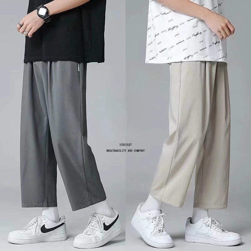 

Summer Thin Ice Silk Solid Color Men's Casual Straight Wide-Leg Large Size Sports Trousers Long Pants Pocket Loose Fit Male Q424