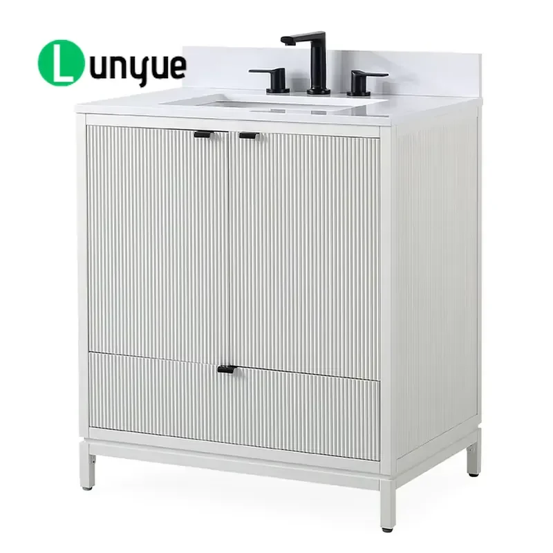 30 Inch Floor to Ceiling Bathroom Vanity Solid Wood Matte White Classic Design Faux Marble Countertop Large Storage Cabinet