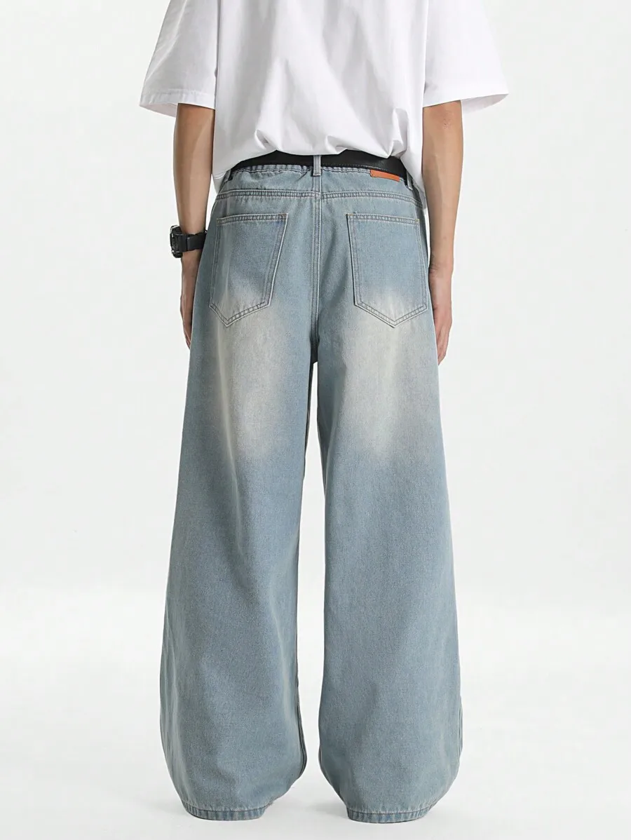 

Light Blue Vintage Washed Loose Straight Leg Denim Jeans For Men