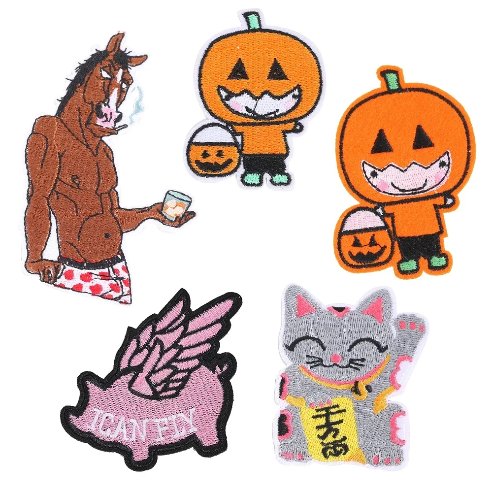 

5PCS Cartoon Embroidered Iron-On Patches Pumpkin Cat Pig Designs DIY Clothing Decorations Sewing Accessories Fabric Labels