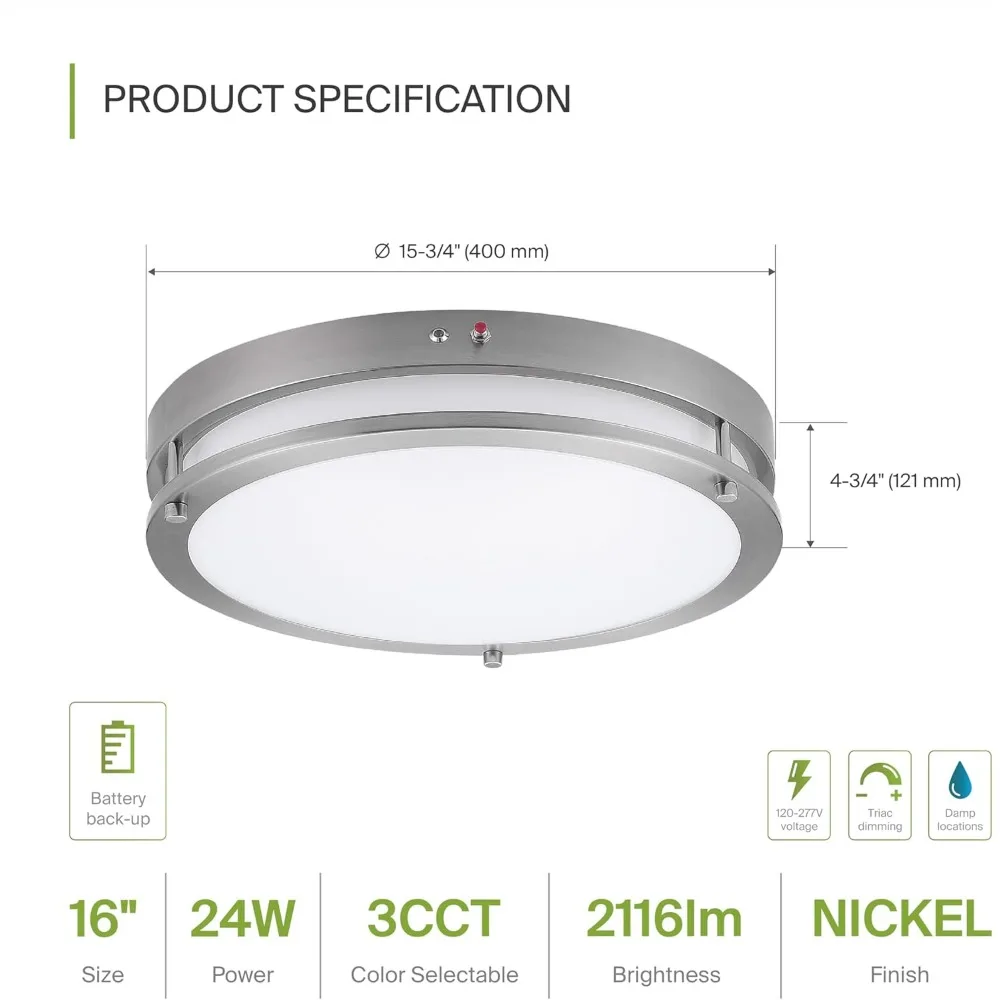 LED 16 Inch Round Flush Mount Light Fixture 24W 2150LM 3000K-5000K 100-277V , Dimmable, Battery Backup,Close to Ceiling Lamp