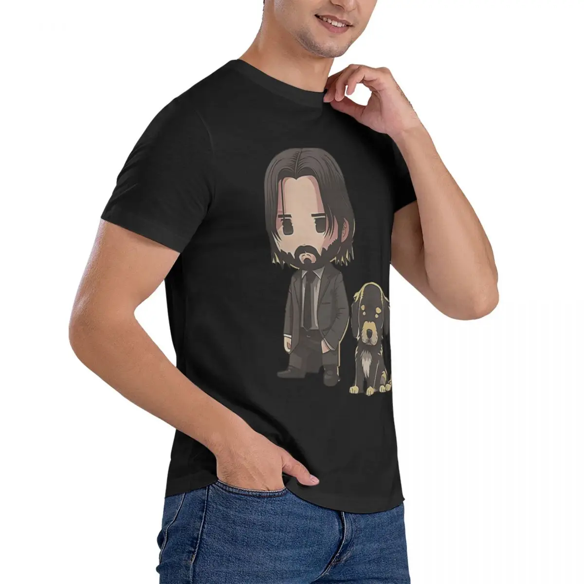 Cute John Wick With Pup T Shirt for Men 100% Cotton Novelty T-Shirts Round Collar keanu reeves T Short Sleeve Clothing 4XL 5XL