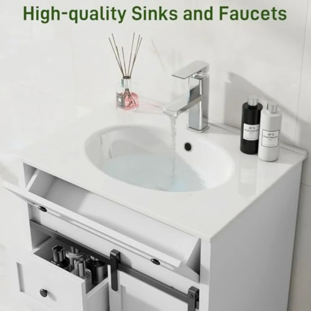 Bathroom Vanity with Sink Set, Freestanding Bathroom Storage Cabinet with Matte Silver Faucet and Sink, Sliding Door Bathroom C