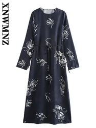 XNWMNZ 2024 Autumn Woman Casual O-Collar Ruffles Side Zipper Dress Top Women Clothing Vintage Long Sleeve belt Print Maxi Skirt