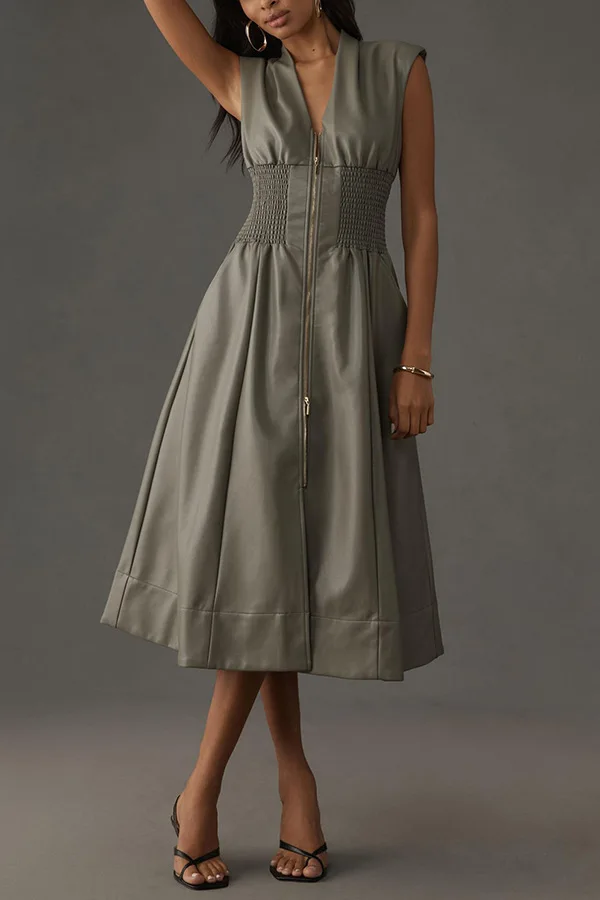 ชุดเดรสฝรั่งเศสของผู้หญิงแจ็คเก็ตหนังแขนกุดย้อนยุคซิปชุดยาวฤดูร้อน 2025