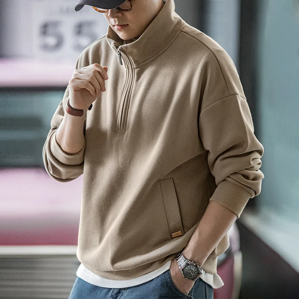 Maden Casual Half-Zip Stand Collar Fleece Sweatshirt Cleanfit Solid Pullover Warm Hoodies Men's Fall and Winter Top Without Hood