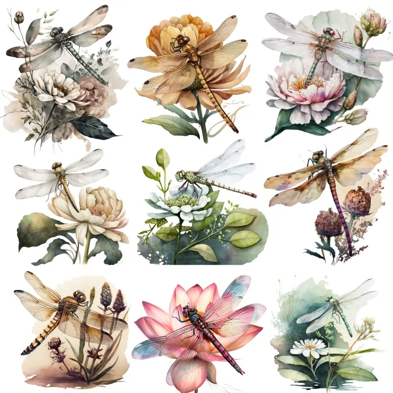 17pcs Cute Watercolor flowers with dragonflies Stickers For Waterproof Bike Phone Book Travel Luggage Funny Sticker Bomb Decals