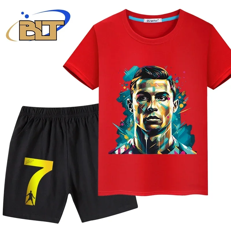 Ronaldo head print children\'s clothing summer kids T-shirt set pure cotton short-sleeved shorts 2-piece set boys and girls gifts