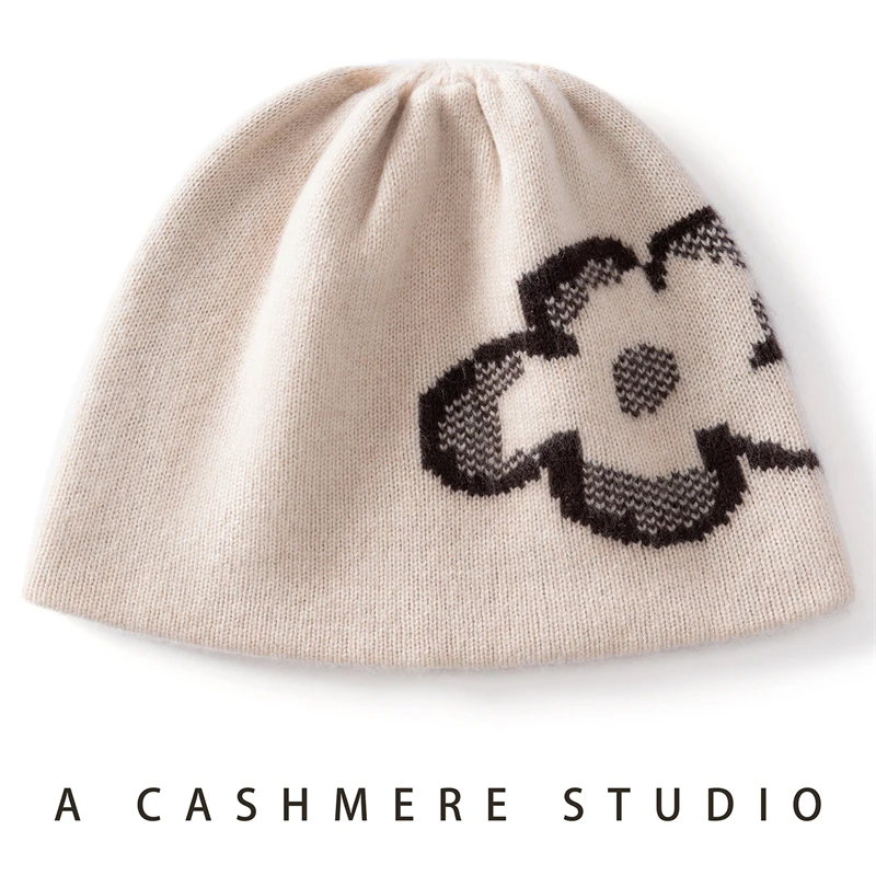 Winter Women's Hat 100% Cashmere Knit Beanies Cap Outdoor Soft Warm Cap Autumn Jacquard Pattern Skullies Hats Thicken Girl Caps