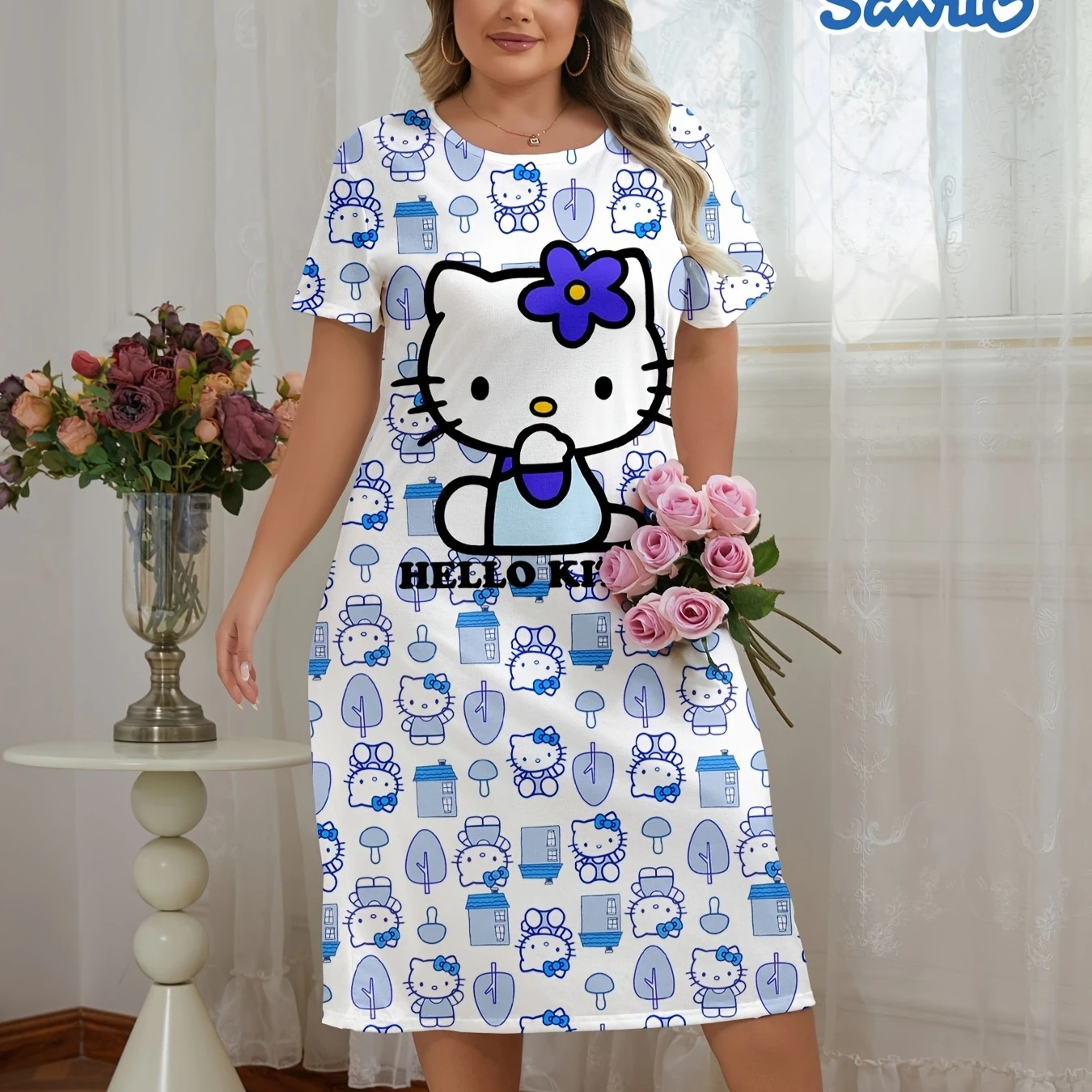 

Женская ночная рубашка Sanrio Hello Kitty — сине-белая пижама с мультяшным принтом, удобное домашнее платье весна-лето