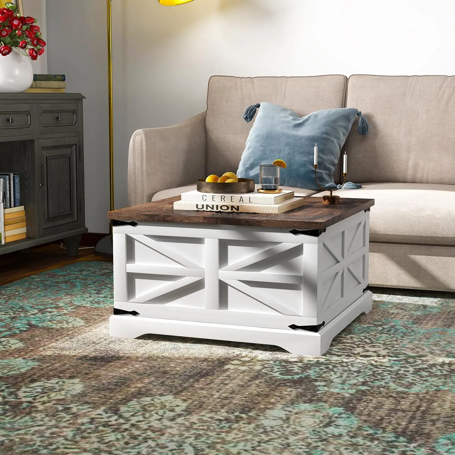 Table basse de ferme moderne, table centrale carrée en bois avec grand espace de rangement, coins métalliques, forme de Z, blanc