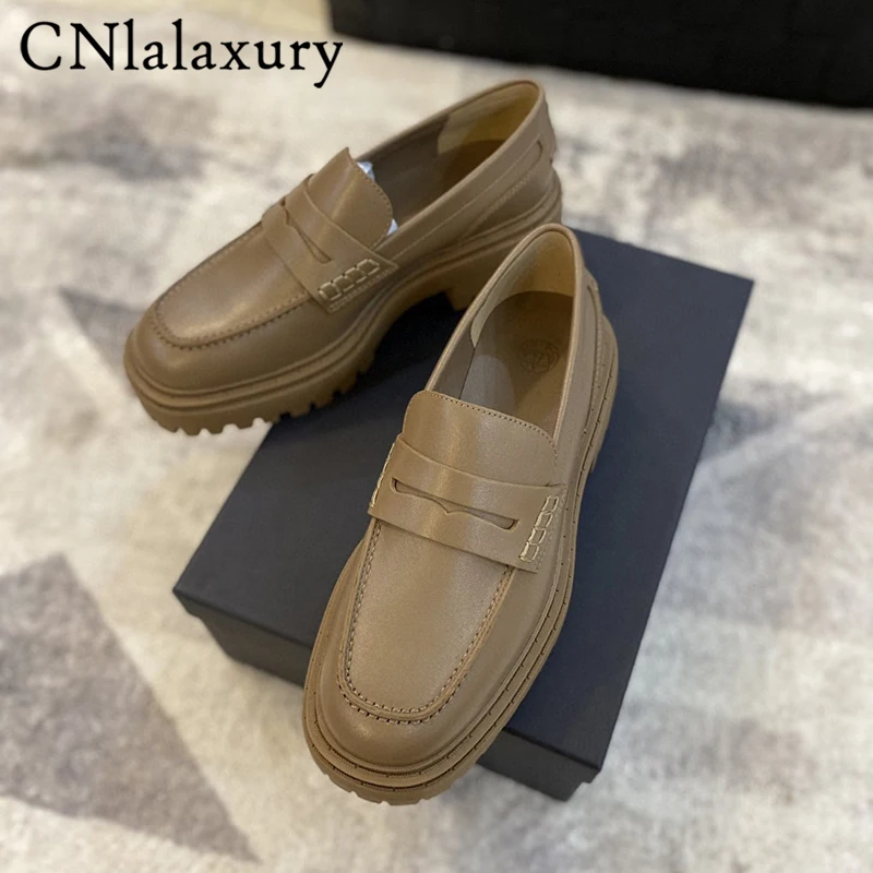 CNlalaxury 2022 New Summer Women Genuine Leather Chunky Square Toe Heel Shoes Slip-on Loafers Casual Solid Shoes Female