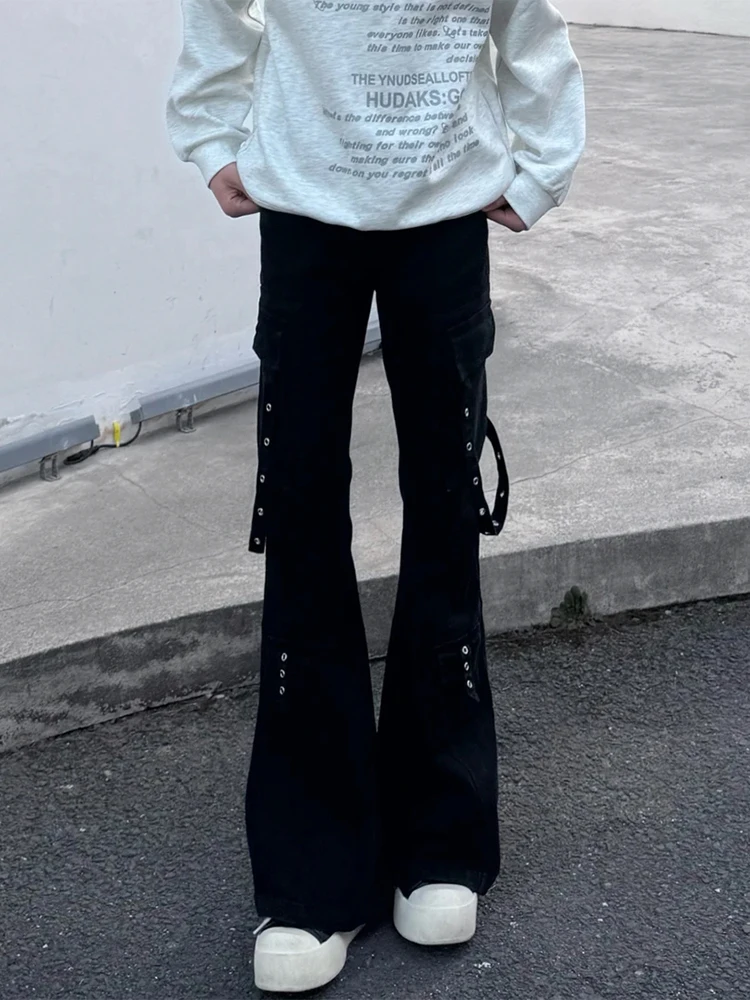 

Black Belted Workwear Jeans Men's Winter American Style Design Slim Straight Micro Flared Long Pants mid Waist Zipper