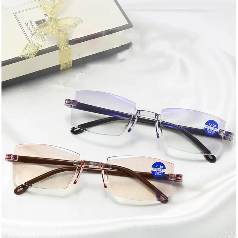 2024 New Men Women Rimless Reading Glasses Anti Blue Light Bifocal Far Near Magnification Eyewear Presbyopic Glasses +150 +200