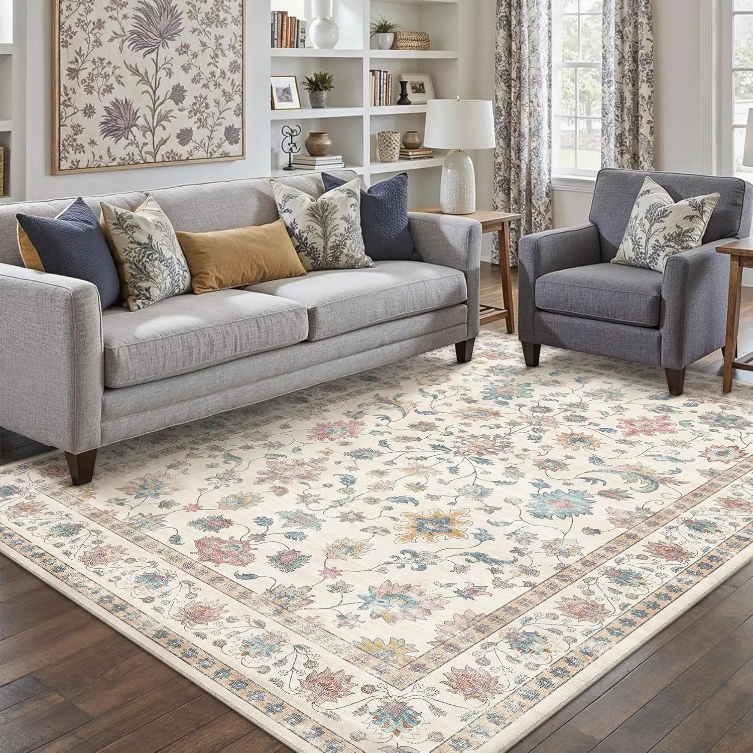 

Area Rug 5x7 Vintage Colorful Machine Washable Living Room Rugs Distressed Retro Floral Vacuumable Low Pile Carpet Bedroom Of