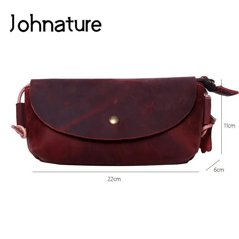 Johnature Handmade Genuine Leather Simple Small Bag 2024 New Retro Real Cowhide Solid Color Versatile Shoulder & Crossbody Bags