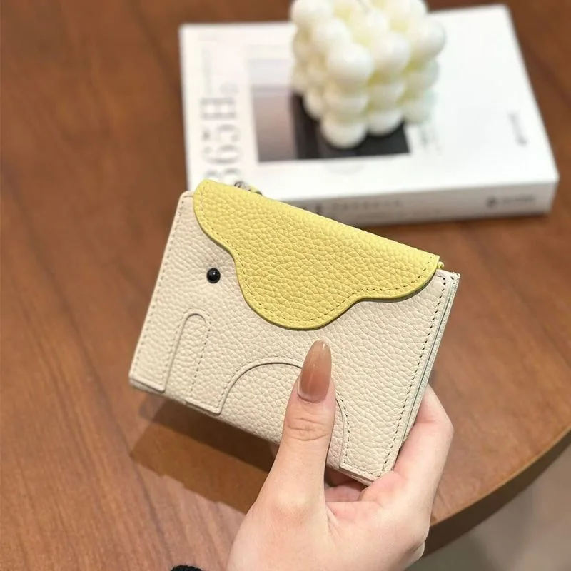 New in Women Cute Animal Mini Wallet Genuine Leather Card Holder Two-tone Cartoon Foldable Coin Purse Travel Gift Ladies Clutch