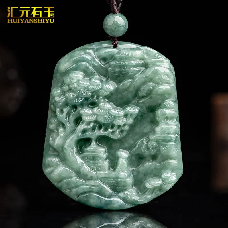 Myanmar A-grade jadeite double-sided carved thick landscape pendant men's accessory gift