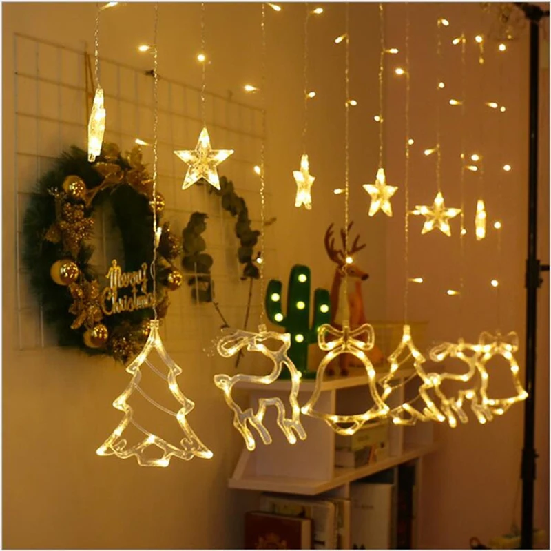 EU Plug LED String Lights Curtain Fairy Light Christmas Decoration Living Room Garden Xmas Tree Deer Bell Chain Lamp
