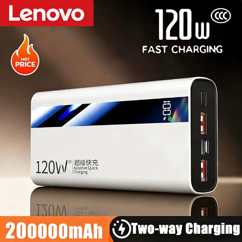 Lenovo 50000mAh CCC Powerbank 120W Super Fast Charging Portable Battery Charger Ultra Capacity LED Digital Display For IPhone
