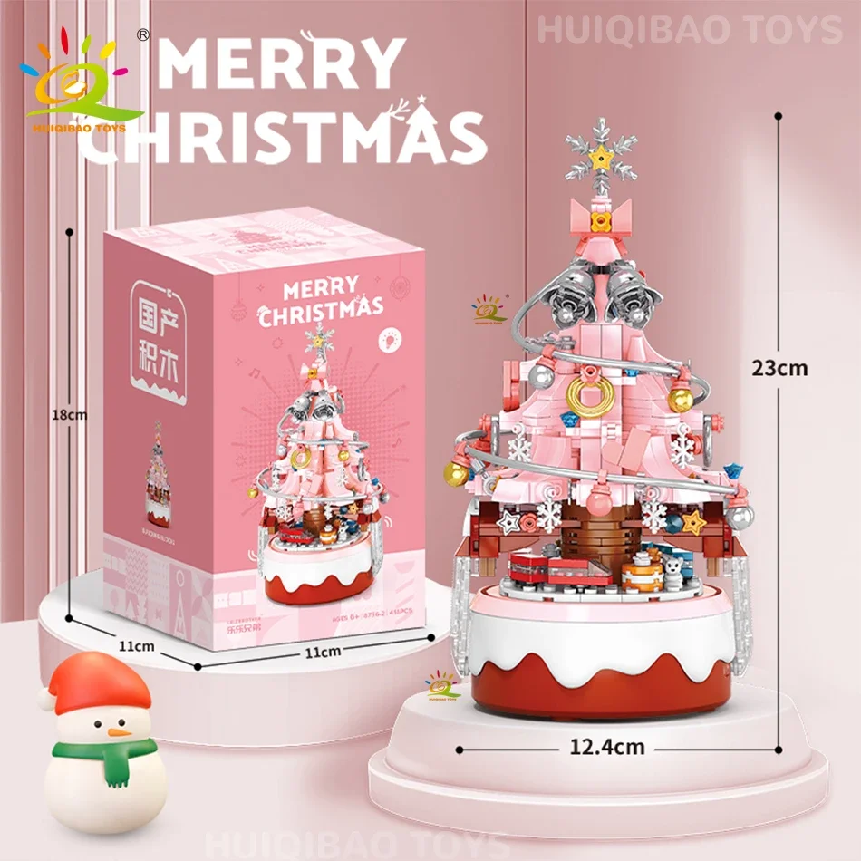 HUIQIBAO Minium Christmas Tree Music Box Model Bricks DIY Santa Claus Building Blocks Kit Toy Educational Gift For Children