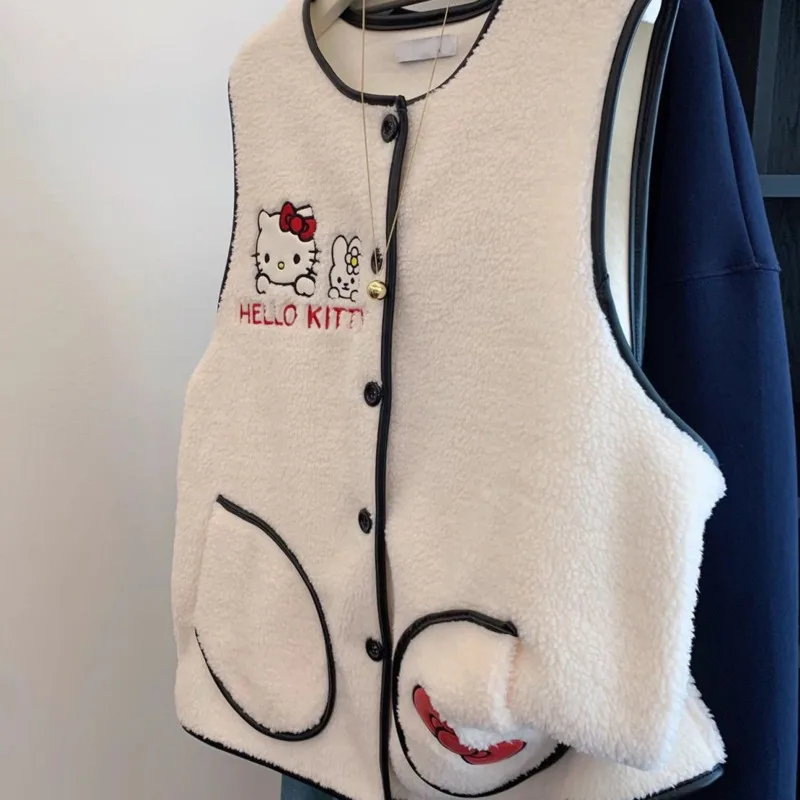 Hello Kitty Sleeveless Faux Shearling Vest with Smiley Pocket & Peek-a-Boo Design, Kawaii Cartoon Vest for Women's Casual Wear