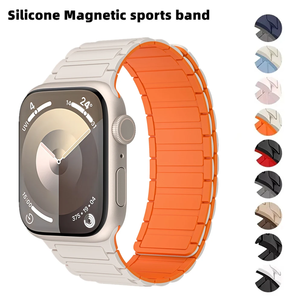 

Silicone Sports Strap for Apple Watch Band Ultra 2 49mm 45mm 44mm 38/40/41mm Magnetic Bracelet iWatch Series 10 9 8 SE 46mm 42mm