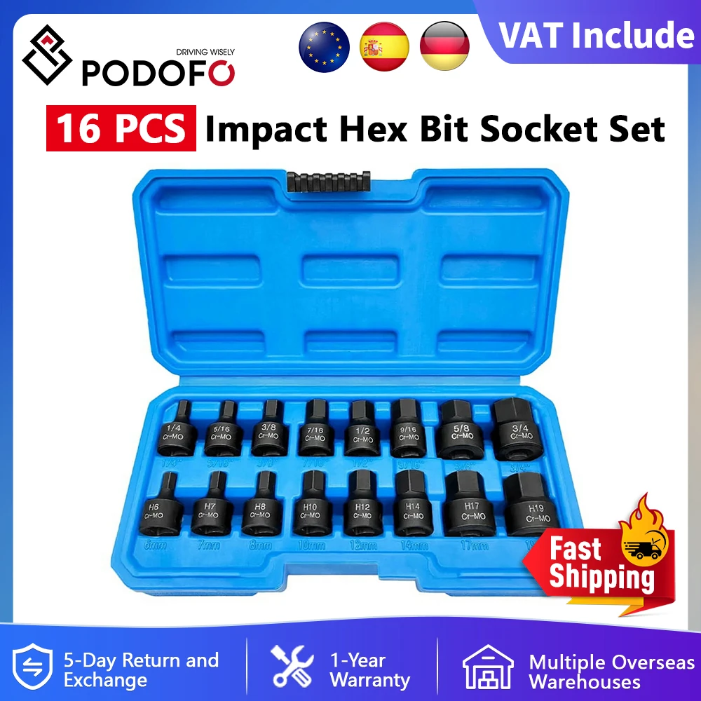 Podofo 16 pièces jeu de douilles jeu de tournevis hexagonaux à Impact 6 à 19mm métrique 1/4 "à 3/4" clé à cliquet hexagonale outil manuel de réparation avec boîte cr-mo