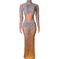 Sparkly Rhinestones Pearls Hollow Sexy Transparent Long Dress for Women Evening Prom Celebrate Birthday Dresses Photo Shoot Wear