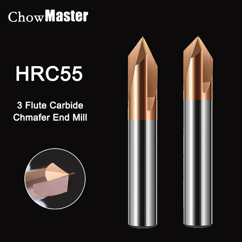 Chowmaster HRC55 Steel Chamfering Cutter 90° Tungsten Steel End Mill 60° 120° Coated 3 Flute Straight Chamfering Milling Cutter