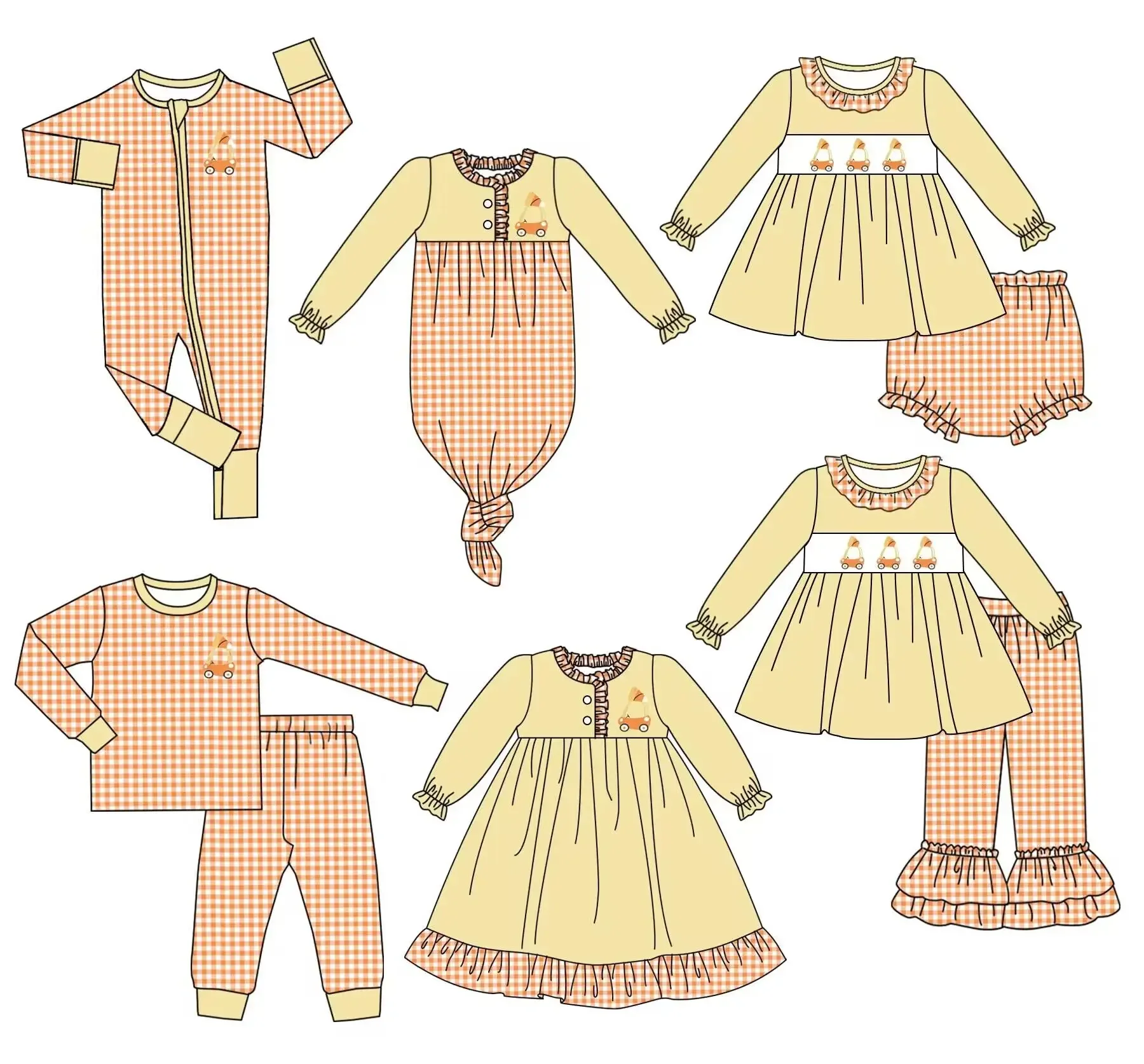 

New high-quality children's set long-sleeved elastic car print trousers lace girls boys plaid pajamas set baby jumpsuit dress