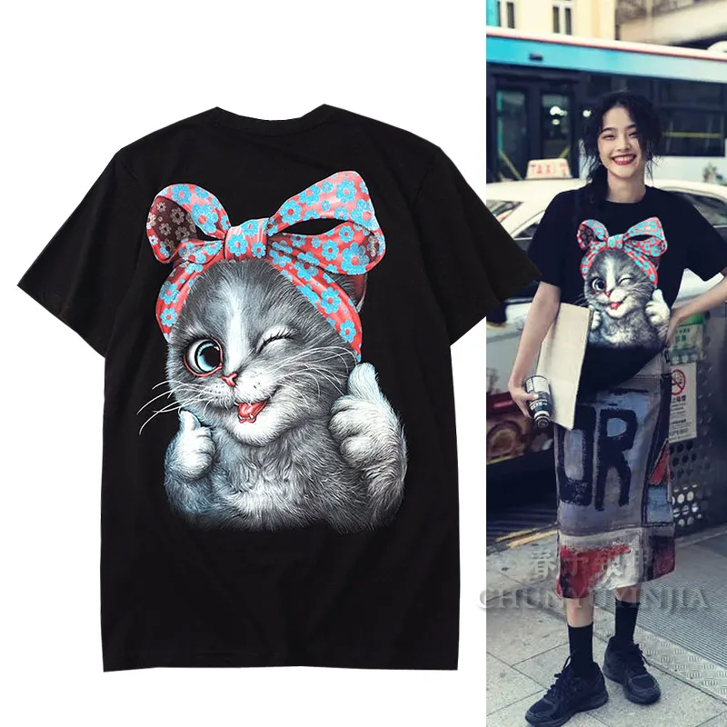 

Chun yu yin jia New High Street Designer cat Pattern Print Short-Sleeved T-Shirt Black White for women funny cute Tee
