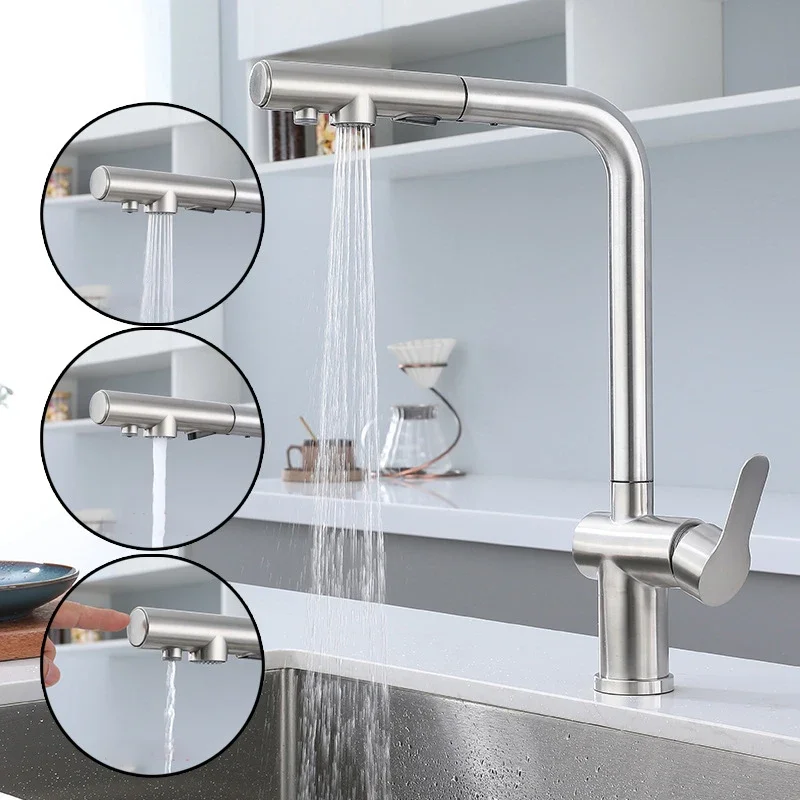 Brushed Kitchen Pull-out Swivel Faucet Dual Function Sprayer Cold and Hot Mixer Tap with Water Purifier Spout Drinking Water Tap